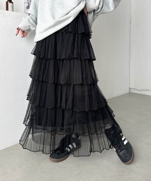 CLEA(クレア)の「チュールフリルティアードスカート(スカート・レディース・ブラック/アイボリー/ピンク/ホワイト・FREE)」の3枚目の写真