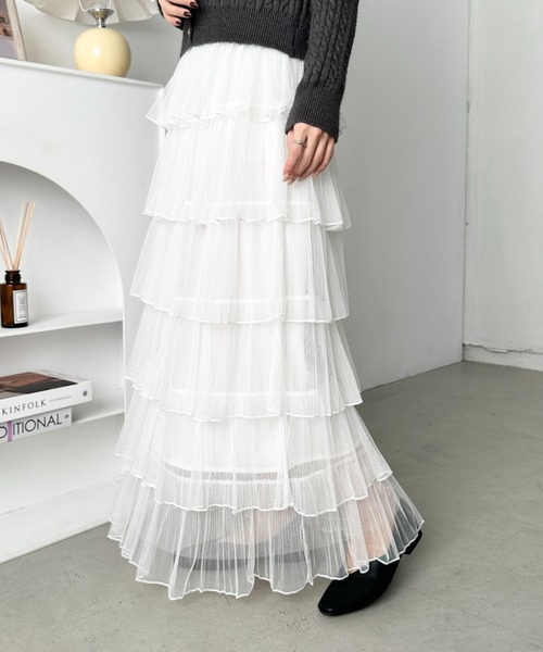 CLEA（クレア）の「チュールフリルティアードスカート（スカート・レディース・ブラック/アイボリー/ピンク/ホワイト・FREE）」の6枚目の写真