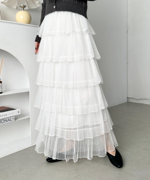 CLEA（クレア）の「チュールフリルティアードスカート（スカート・レディース・ブラック/アイボリー/ピンク/ホワイト・FREE）」の7枚目の写真