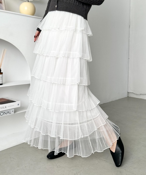 CLEA（クレア）の「チュールフリルティアードスカート（スカート・レディース・ブラック/アイボリー/ピンク/ホワイト・FREE）」の9枚目の写真