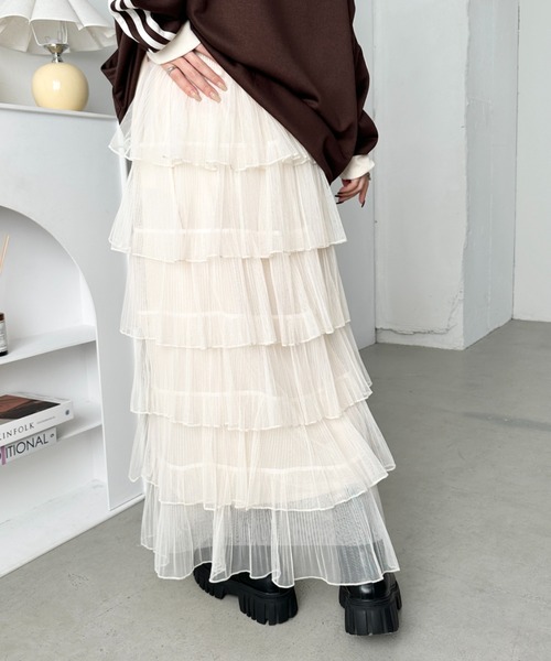 CLEA（クレア）の「チュールフリルティアードスカート（スカート・レディース・ブラック/アイボリー/ピンク/ホワイト・FREE）」の14枚目の写真