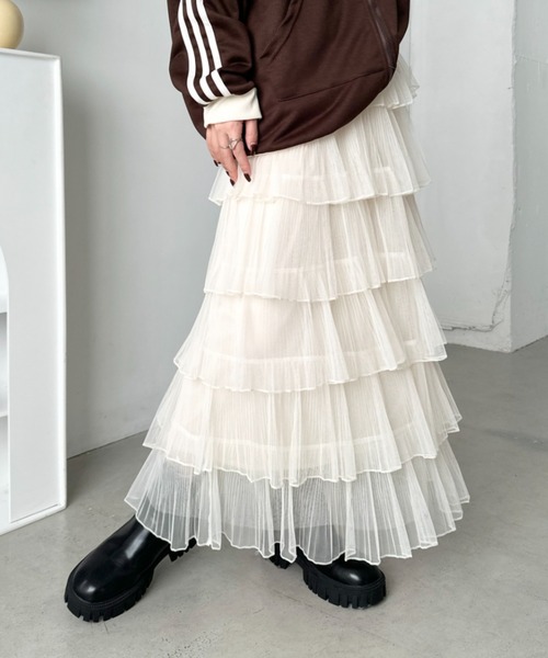 CLEA（クレア）の「チュールフリルティアードスカート（スカート・レディース・ブラック/アイボリー/ピンク/ホワイト・FREE）」の15枚目の写真