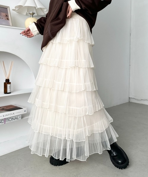 CLEA（クレア）の「チュールフリルティアードスカート（スカート・レディース・ブラック/アイボリー/ピンク/ホワイト・FREE）」の18枚目の写真
