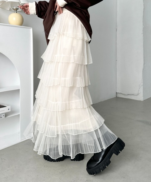 CLEA（クレア）の「チュールフリルティアードスカート（スカート・レディース・ブラック/アイボリー/ピンク/ホワイト・FREE）」の17枚目の写真
