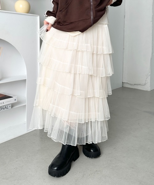 CLEA（クレア）の「チュールフリルティアードスカート（スカート・レディース・ブラック/アイボリー/ピンク/ホワイト・FREE）」の16枚目の写真