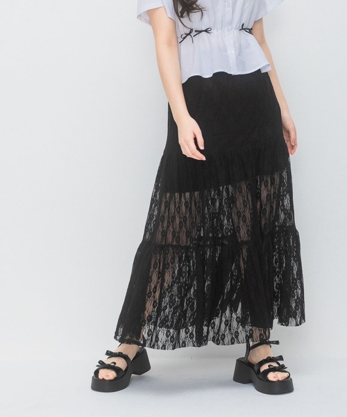 repipi armario（レピピ アルマリオ）の「【2WAY】レースロングスカート（スカート・キッズ・ブラック/ホワイト・MEDIUM/LARGE）」の2枚目の写真