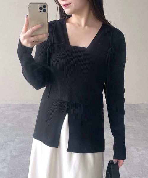 mysty woman(ミスティウーマン)の「Vネックカーディガン×ニットビスチェSET 324730(カーディガン/ボレロ・レディース・ブラック/ライトグリーン/オフホワイト・FREE)」の11枚目の写真