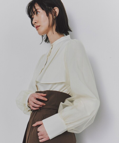 アシメ袖チュールブラウス｜ウォッシャブル/オケージョン/抗ピリング  