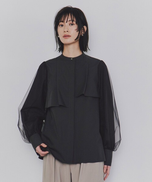 アシメ袖チュールブラウス｜ウォッシャブル/オケージョン/抗ピリング  