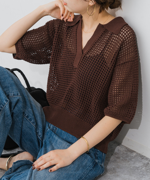 セール】メッシュポロシャツハーフスリーブニット（ニット