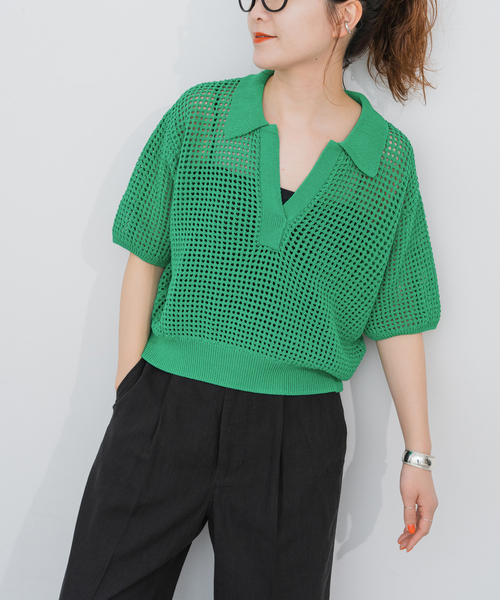 メッシュ編み ライトグリーン ポロシャツ M メッシュ編み 半袖 ニットポロ(MENS) | シャツ/ポロシャツ