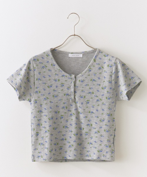 セール】小花柄 ヘンリーネック ワッフル半袖Tシャツ（Tシャツ