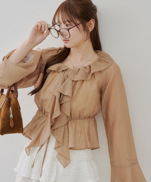 continuer de NICE CLAUP（コンティニューデナイスクラップ）の「【@_chipi2xセレクト】楊柳シアーラッフルブラウス（シャツ/ブラウス・レディース・キャメル/ピンク/オフホワイト/サックスブルー・FREE）」の12枚目の写真