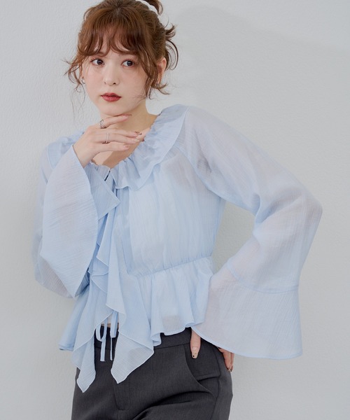 continuer de NICE CLAUP（コンティニューデナイスクラップ）の「【@_chipi2xセレクト】楊柳シアーラッフルブラウス（シャツ/ブラウス・レディース・キャメル/ピンク/オフホワイト/サックスブルー・FREE）」の13枚目の写真
