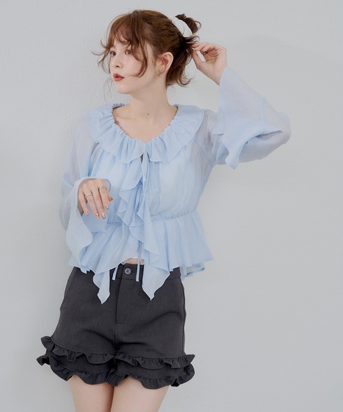 continuer de NICE CLAUP（コンティニューデナイスクラップ）の「【@_chipi2xセレクト】楊柳シアーラッフルブラウス（シャツ/ブラウス・レディース・キャメル/ピンク/オフホワイト/サックスブルー・FREE）」の14枚目の写真