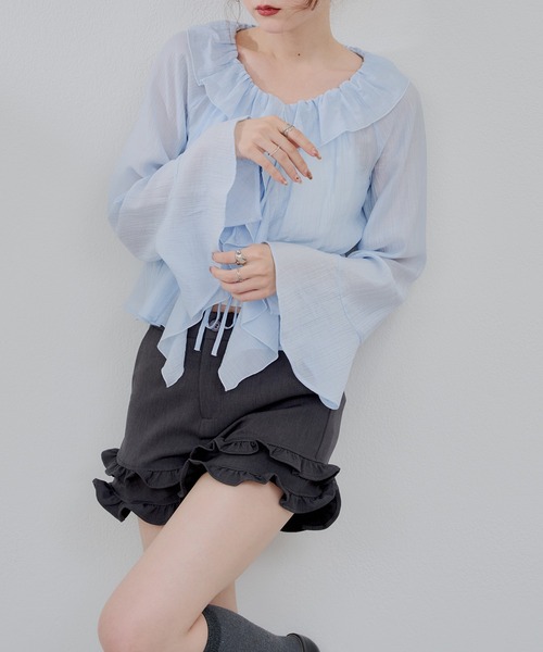 continuer de NICE CLAUP（コンティニューデナイスクラップ）の「【@_chipi2xセレクト】楊柳シアーラッフルブラウス（シャツ/ブラウス・レディース・キャメル/ピンク/オフホワイト/サックスブルー・FREE）」の15枚目の写真