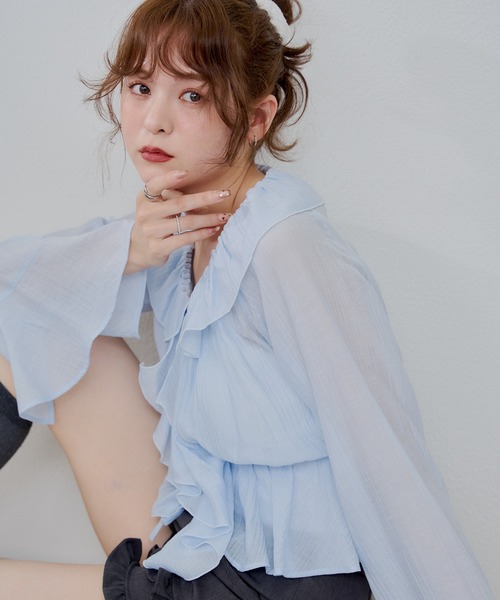 continuer de NICE CLAUP（コンティニューデナイスクラップ）の「【@_chipi2xセレクト】楊柳シアーラッフルブラウス（シャツ/ブラウス・レディース・キャメル/ピンク/オフホワイト/サックスブルー・FREE）」の19枚目の写真