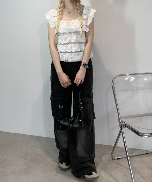 セール】フリルクロシェ ノースリーブトップス（Tシャツ