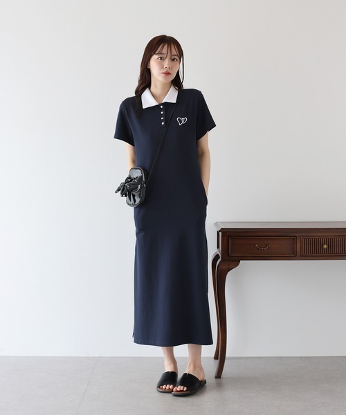 美品　HERMESエルメス　刺繍　ワッペン　シャツ　ワンピース　ポロ　ネイビー HERMESポロシャツ風ワンピース紺色（HERMESポロシャツ風
