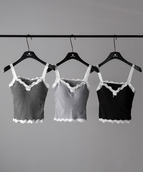 me+em select(ミームセレクト)の「※※【 3color 】バイカラーレースクロップドリブキャミソール / bicolor lace cropped rib camisole(キャミソール・レディース・ブラック系1/グレー/ブラック・FREE)」の4枚目の写真