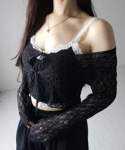 me+em select(ミームセレクト)の「※※【 3color 】バイカラーレースクロップドリブキャミソール / bicolor lace cropped rib camisole(キャミソール・レディース・ブラック系1/グレー/ブラック・FREE)」の17枚目の写真