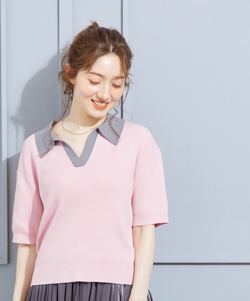 12Twelve Agenda(トゥエルブ アジェンダ)の「ラガーシャツ風5分袖ニットプルオーバー(ニット/セーター・レディース・ネイビー/オフホワイト/ピンク/グレイッシュベージュ・M)」の4枚目の写真