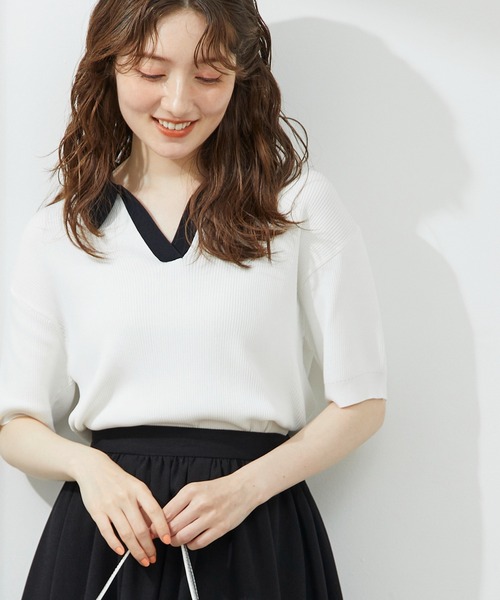 12Twelve Agenda(トゥエルブ アジェンダ)の「ラガーシャツ風5分袖ニットプルオーバー(ニット/セーター・レディース・ネイビー/オフホワイト/ピンク/グレイッシュベージュ・M)」の10枚目の写真