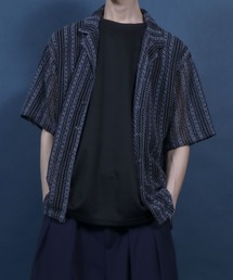 ANPAS | Openwork knitting Stripe Lace Open Collar Shirt/ストライプレース オープンカラー 透かし編み 半袖 シャツ(シャツ/ブラウス)