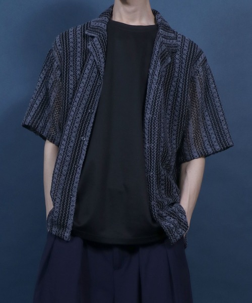 ANPAS(アンパス)の「Openwork knitting Stripe Lace Open Collar Shirt/ストライプレース オープンカラー 透かし編み 半袖 シャツ(シャツ/ブラウス・メンズ・チャコール/ホワイト・M/L)」の1枚目の写真