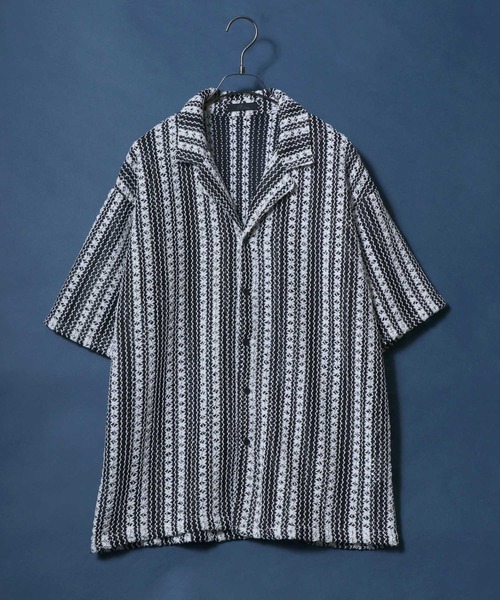 ANPAS(アンパス)の「Openwork knitting Stripe Lace Open Collar Shirt/ストライプレース オープンカラー 透かし編み 半袖 シャツ(シャツ/ブラウス・メンズ・チャコール/ホワイト・M/L)」の9枚目の写真