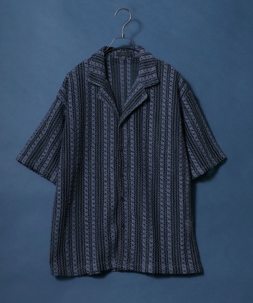 ANPAS(アンパス)の「Openwork knitting Stripe Lace Open Collar Shirt/ストライプレース オープンカラー 透かし編み 半袖 シャツ(シャツ/ブラウス・メンズ・チャコール/ホワイト・M/L)」の10枚目の写真