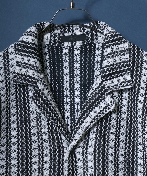 ANPAS(アンパス)の「Openwork knitting Stripe Lace Open Collar Shirt/ストライプレース オープンカラー 透かし編み 半袖 シャツ(シャツ/ブラウス・メンズ・チャコール/ホワイト・M/L)」の3枚目の写真