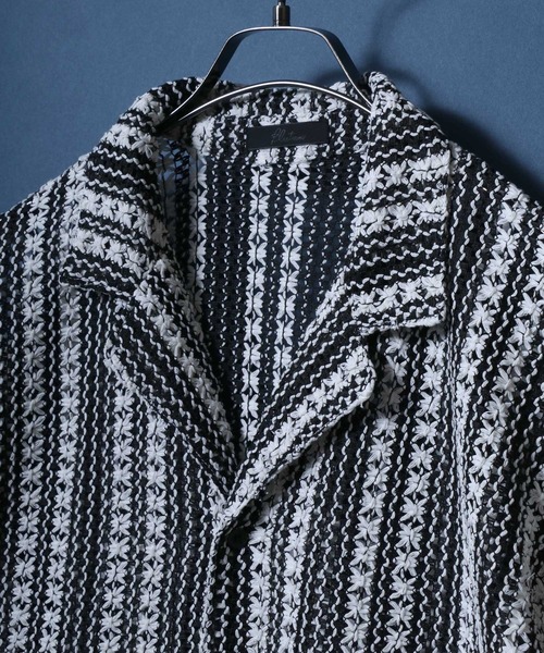 ANPAS(アンパス)の「Openwork knitting Stripe Lace Open Collar Shirt/ストライプレース オープンカラー 透かし編み 半袖 シャツ(シャツ/ブラウス・メンズ・チャコール/ホワイト・M/L)」の4枚目の写真