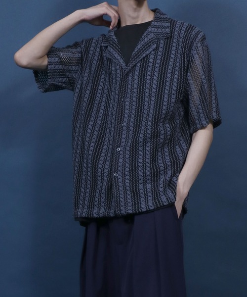 ANPAS(アンパス)の「Openwork knitting Stripe Lace Open Collar Shirt/ストライプレース オープンカラー 透かし編み 半袖 シャツ(シャツ/ブラウス・メンズ・チャコール/ホワイト・M/L)」の17枚目の写真