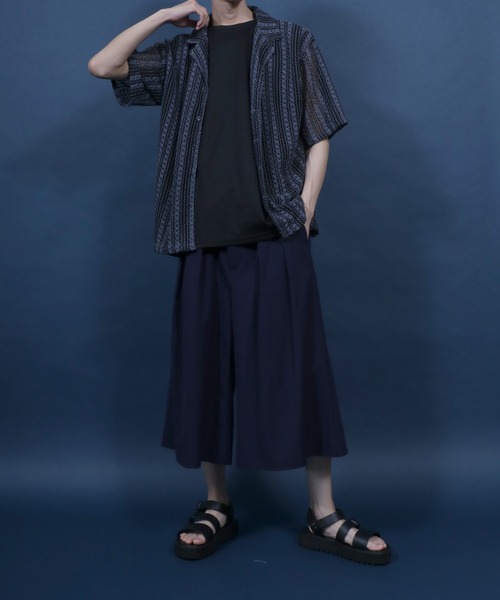 ANPAS(アンパス)の「Openwork knitting Stripe Lace Open Collar Shirt/ストライプレース オープンカラー 透かし編み 半袖 シャツ(シャツ/ブラウス・メンズ・チャコール/ホワイト・M/L)」の19枚目の写真