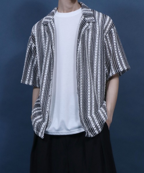 ANPAS(アンパス)の「Openwork knitting Stripe Lace Open Collar Shirt/ストライプレース オープンカラー 透かし編み 半袖 シャツ(シャツ/ブラウス・メンズ・チャコール/ホワイト・M/L)」の12枚目の写真