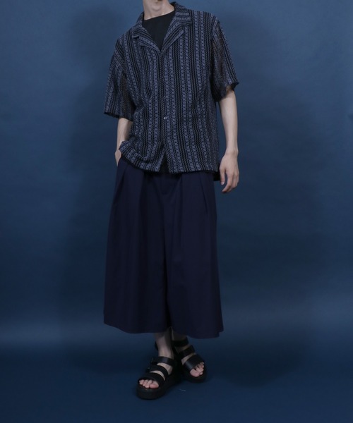 ANPAS(アンパス)の「Openwork knitting Stripe Lace Open Collar Shirt/ストライプレース オープンカラー 透かし編み 半袖 シャツ(シャツ/ブラウス・メンズ・チャコール/ホワイト・M/L)」の20枚目の写真