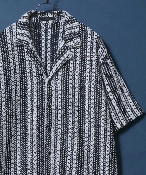 ANPAS(アンパス)の「Openwork knitting Stripe Lace Open Collar Shirt/ストライプレース オープンカラー 透かし編み 半袖 シャツ(シャツ/ブラウス・メンズ・チャコール/ホワイト・M/L)」の22枚目の写真
