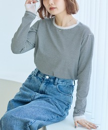 袖チュール切替プルオーバー│一枚で旬のレイヤードスタイル/シアーレイヤード風/長袖カットソー/抜け感/着映え/大人フェミニン