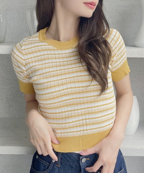 半袖ニット M マルチカラー 美品 22/SSマルチカラー半袖 ニット 36 Sサイズ ホワイト系 厚手