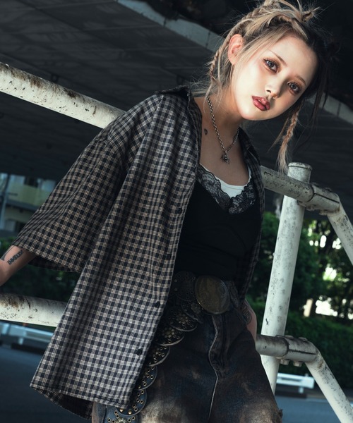 SHORT ROUND（ショートラウンド）の「SHORT ROUND/ブリーチチェックロゴシャツ（シャツ/ブラウス・メンズ・ブラック系その他2・MEDIUM/LARGE）」の7枚目の写真