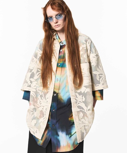 UNISEX》Mesh Flower Embroidery Prime-Over Short Sleeve Shirt