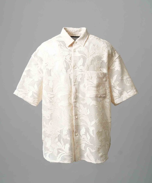 UNISEX》Mesh Flower Embroidery Prime-Over Short Sleeve Shirt