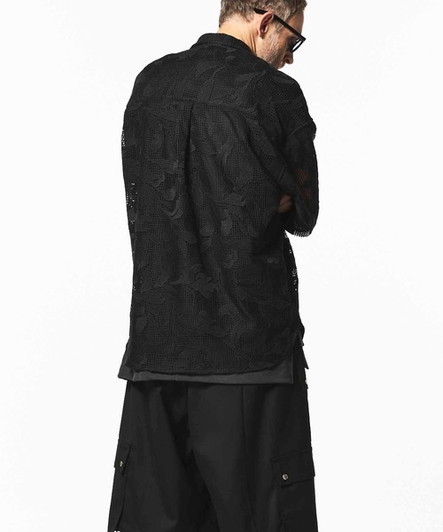 UNISEX》Mesh Flower Embroidery Prime-Over Short Sleeve Shirt