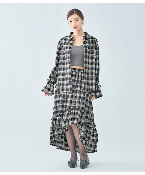 PEACH JOHN（ピーチジョン）の「チェックギャザーフレアスリーブシャツ（シャツ/ブラウス・レディース・ブラック/ブラウン・ONE SIZE）」の3枚目の写真