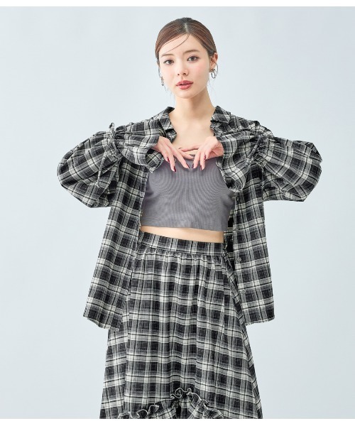 PEACH JOHN（ピーチジョン）の「チェックギャザーフレアスリーブシャツ（シャツ/ブラウス・レディース・ブラック/ブラウン・ONE SIZE）」の5枚目の写真