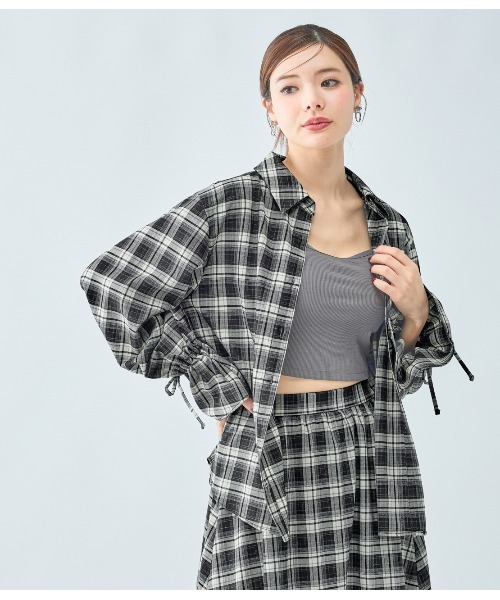 PEACH JOHN（ピーチジョン）の「チェックギャザーフレアスリーブシャツ（シャツ/ブラウス・レディース・ブラック/ブラウン・ONE SIZE）」の6枚目の写真