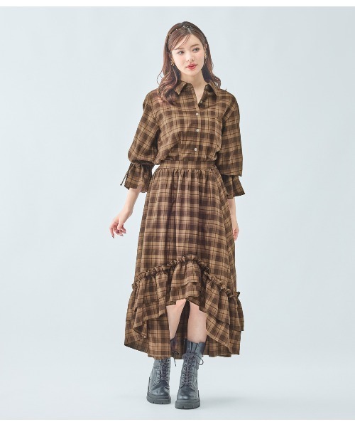PEACH JOHN（ピーチジョン）の「チェックギャザーフレアスリーブシャツ（シャツ/ブラウス・レディース・ブラック/ブラウン・ONE SIZE）」の7枚目の写真