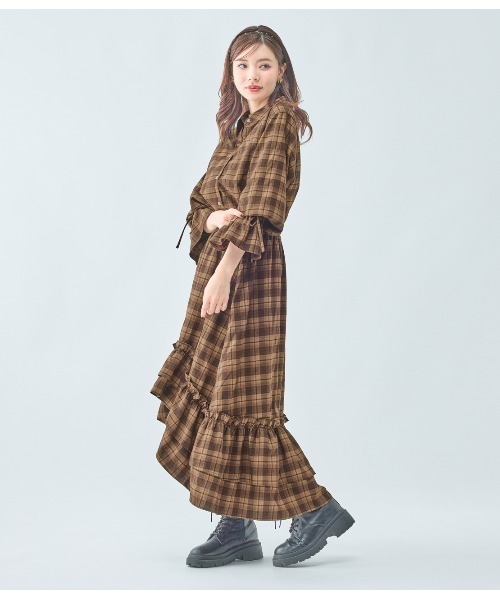 PEACH JOHN（ピーチジョン）の「チェックギャザーフレアスリーブシャツ（シャツ/ブラウス・レディース・ブラック/ブラウン・ONE SIZE）」の8枚目の写真