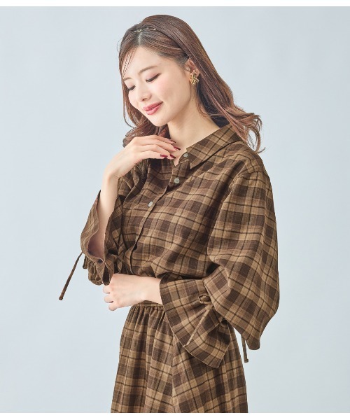 セール】チェックギャザーフレアスリーブシャツ（シャツ/ブラウス